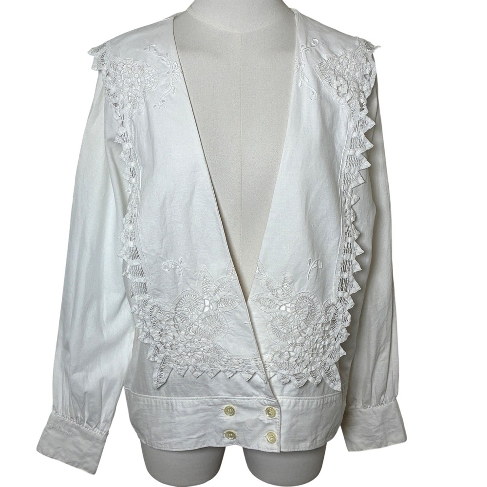 Vintage Paper White Embroidered Lace Open Front Linen Cotton Blouse Jacket 6